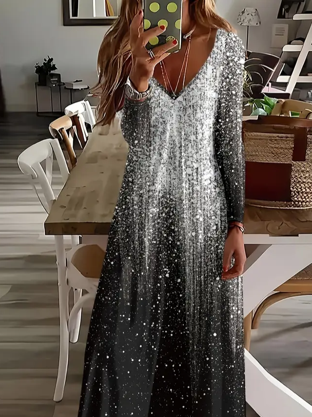 Women Abstract Spring/Fall Printing Dress V Neck Long Sleeve H-Line Dress