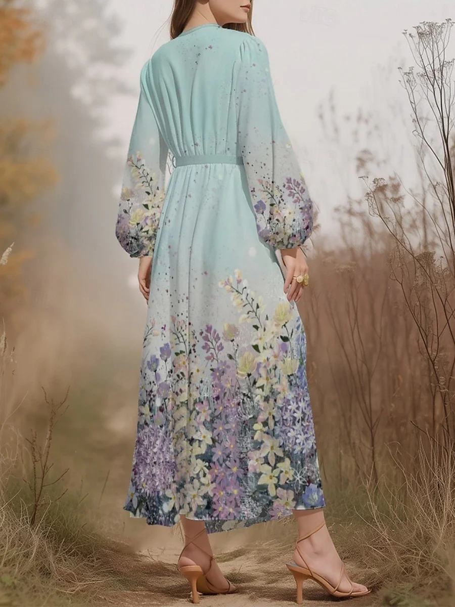 Women Floral Puff Sleeve Spring/Fall Dress V Neck Long Sleeve A-Line Dress