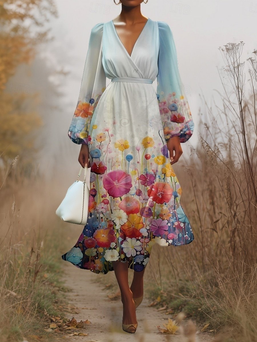 Women Floral Puff Sleeve Spring/Fall Dress V Neck Long Sleeve A-Line Dress