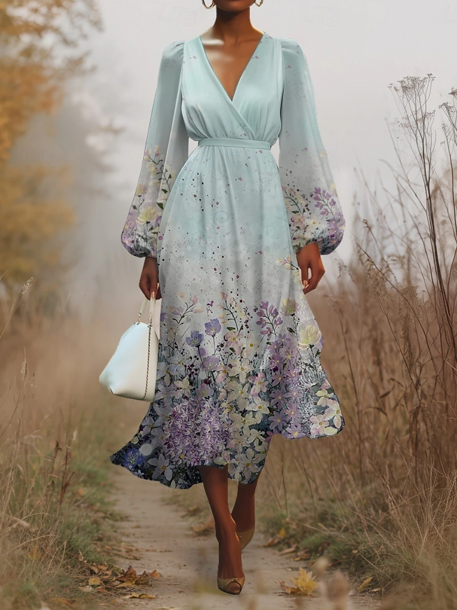 Women Floral Puff Sleeve Spring/Fall Dress V Neck Long Sleeve A-Line Dress