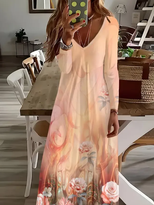 Women Floral Spring/Fall Printing Dress V Neck Long Sleeve H-Line Dress