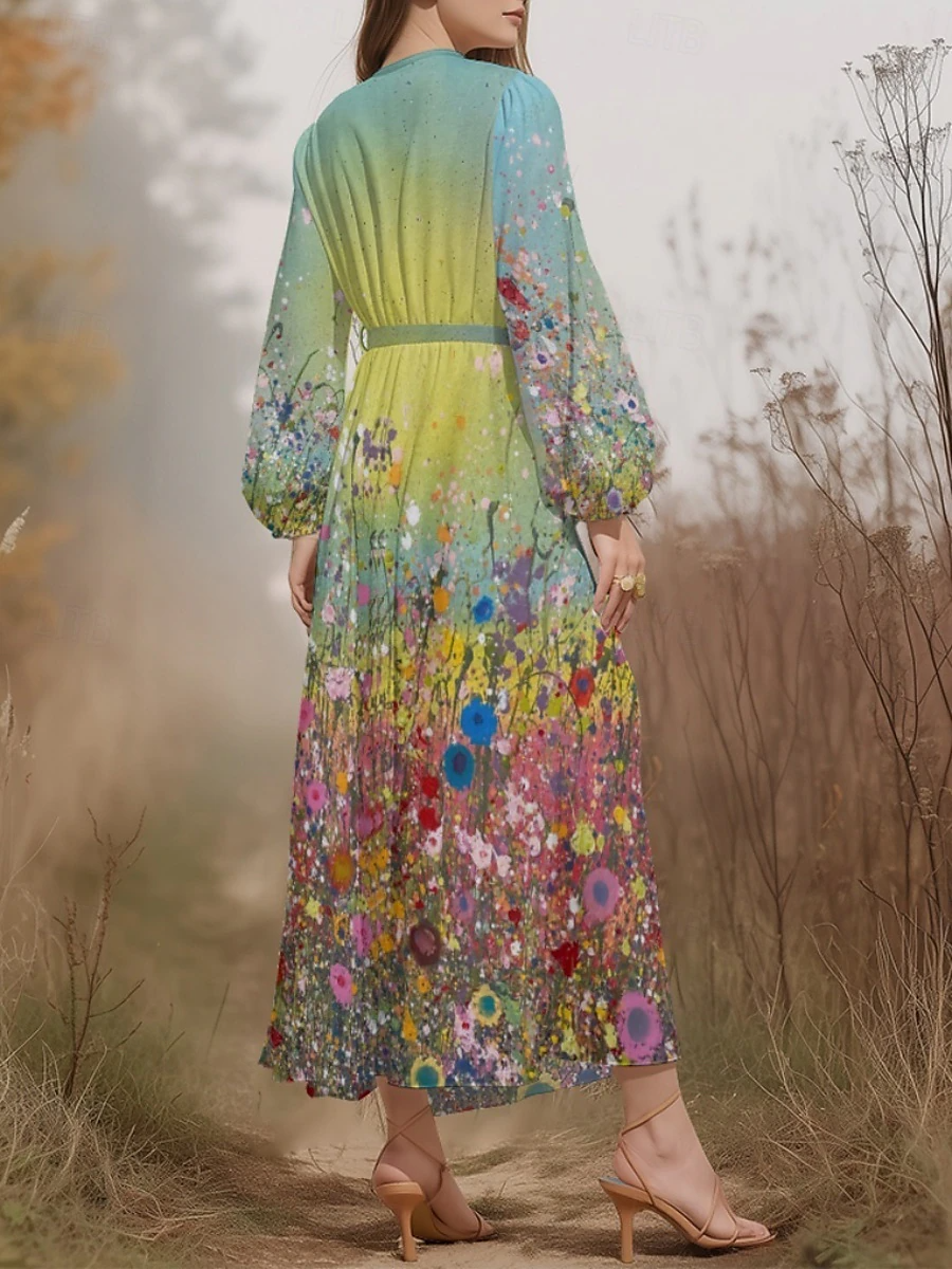 Women Floral Puff Sleeve Spring/Fall Dress V Neck Long Sleeve A-Line Dress