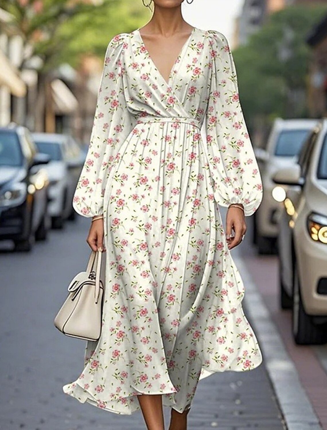 Women Floral Puff Sleeve Spring/Fall Dress V Neck Long Sleeve A-Line Dress