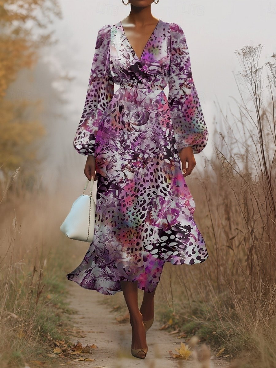 Women Floral Puff Sleeve Spring/Fall Dress V Neck Long Sleeve A-Line Dress