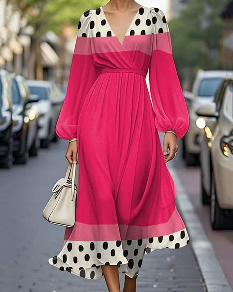 Women Striped Puff Sleeve Spring/Fall Dress V Neck Long Sleeve A-Line Dress