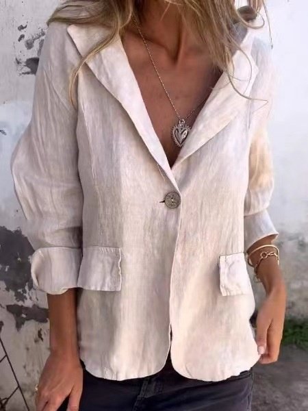 Women Plain Spring/Fall Outerwear Vintage Buckle Long Sleeve Stand Collar Regular Blazer