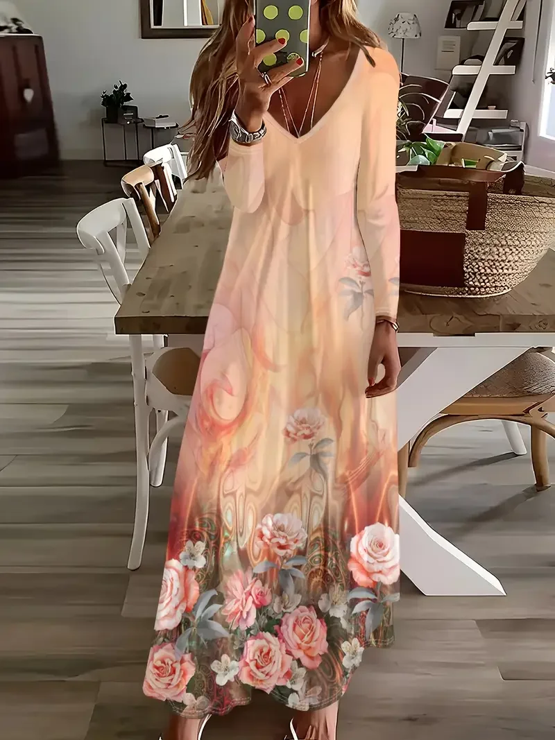 Women Floral Spring/Fall Printing Dress V Neck Long Sleeve H-Line Dress