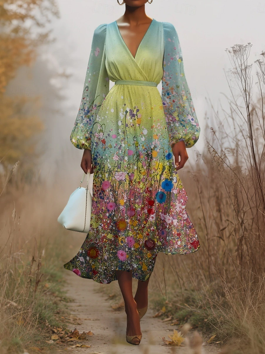 Women Floral Puff Sleeve Spring/Fall Dress V Neck Long Sleeve A-Line Dress