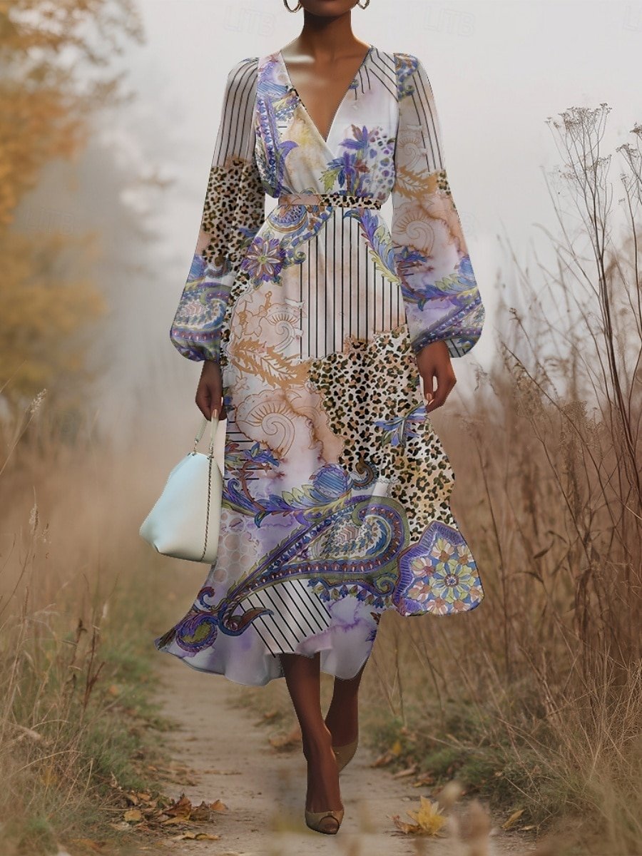 Women Floral Puff Sleeve Spring/Fall Dress V Neck Long Sleeve A-Line Dress