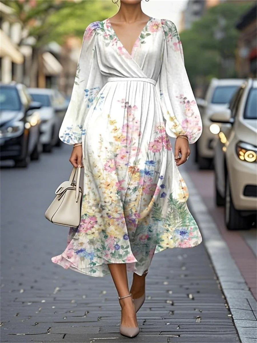 Women Floral Puff Sleeve Spring/Fall Dress V Neck Long Sleeve A-Line Dress