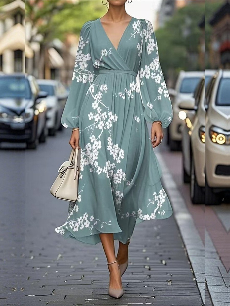 Women Floral Puff Sleeve Spring/Fall Dress V Neck Long Sleeve A-Line Dress