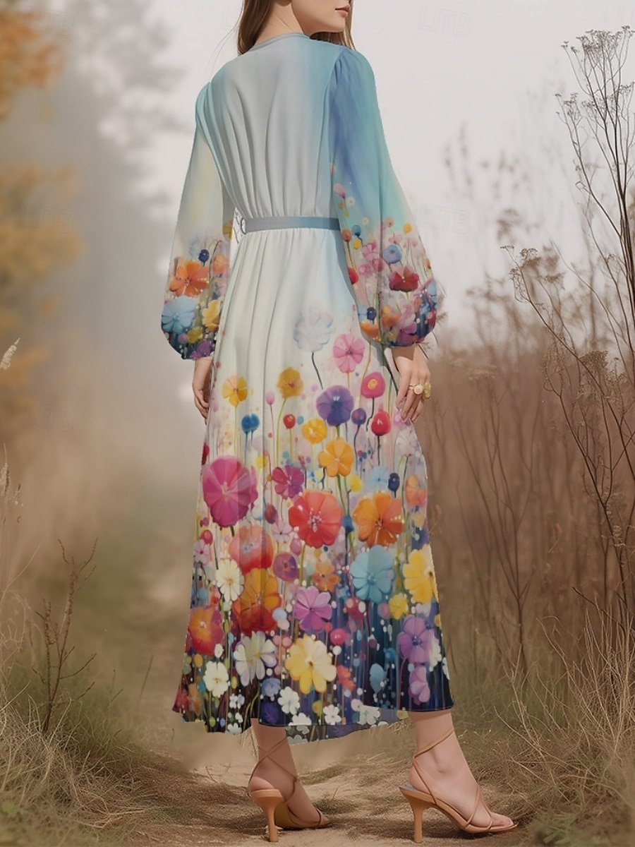 Women Floral Puff Sleeve Spring/Fall Dress V Neck Long Sleeve A-Line Dress