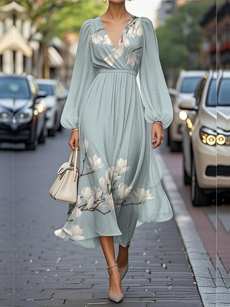 Women Floral Puff Sleeve Spring/Fall Dress V Neck Long Sleeve A-Line Dress