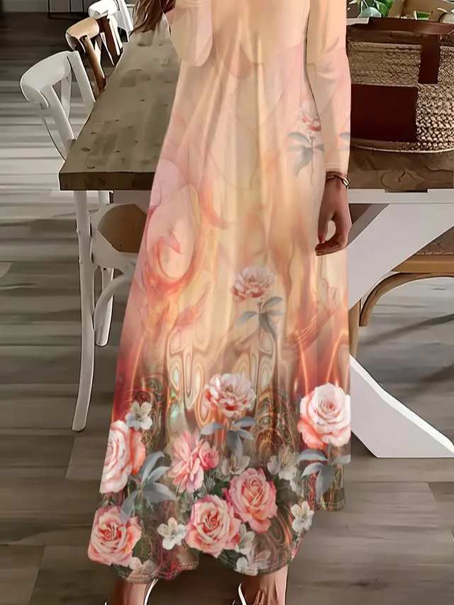 Women Floral Spring/Fall Printing Dress V Neck Long Sleeve H-Line Dress