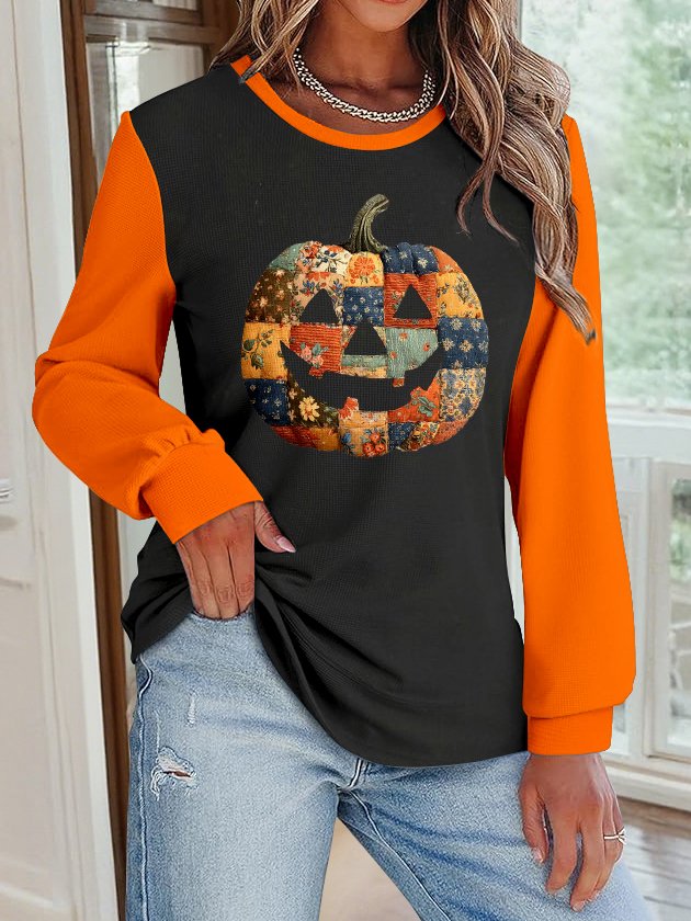 Halloween Jack-O-Lantern Floral Pattern Casual Crew Neck Sweatshirt