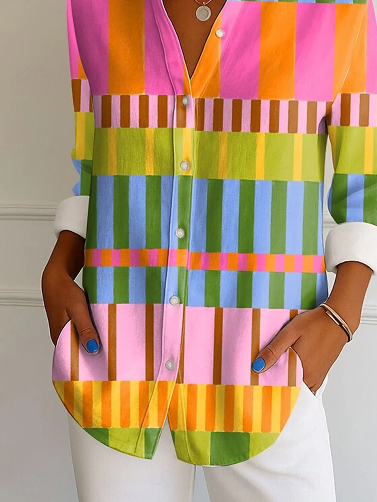 V Neck Long Sleeve Geometric Regular Micro-Elasticity Regular Fit Shirt For Women