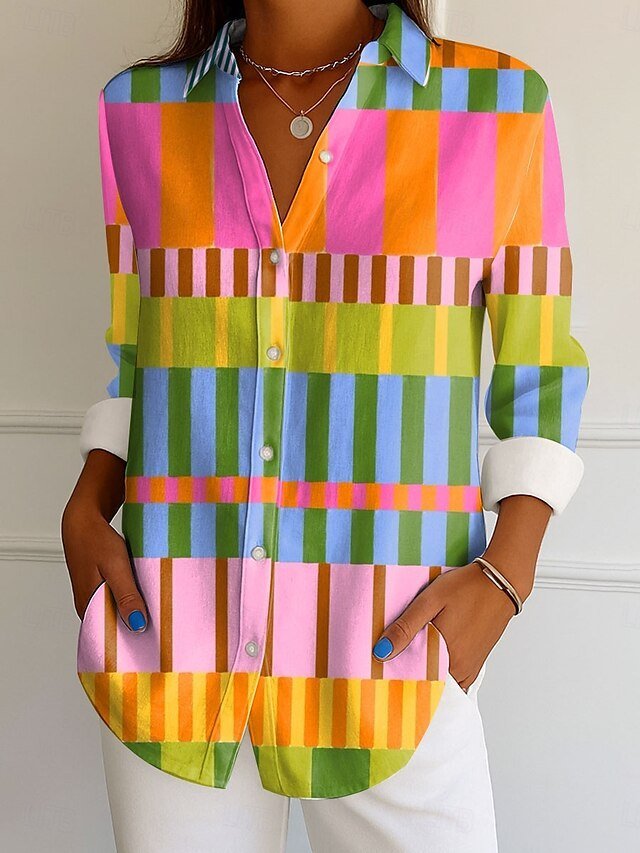 V Neck Long Sleeve Geometric Regular Micro-Elasticity Regular Fit Shirt For Women