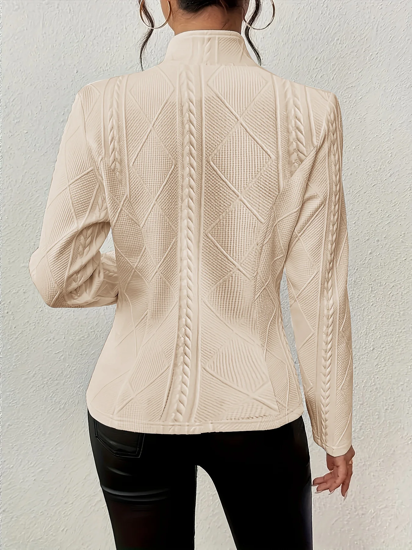 Women Geometric Spring/Fall Outerwear Vintage Embossed Long Sleeve Mock Neck Regular Blazer