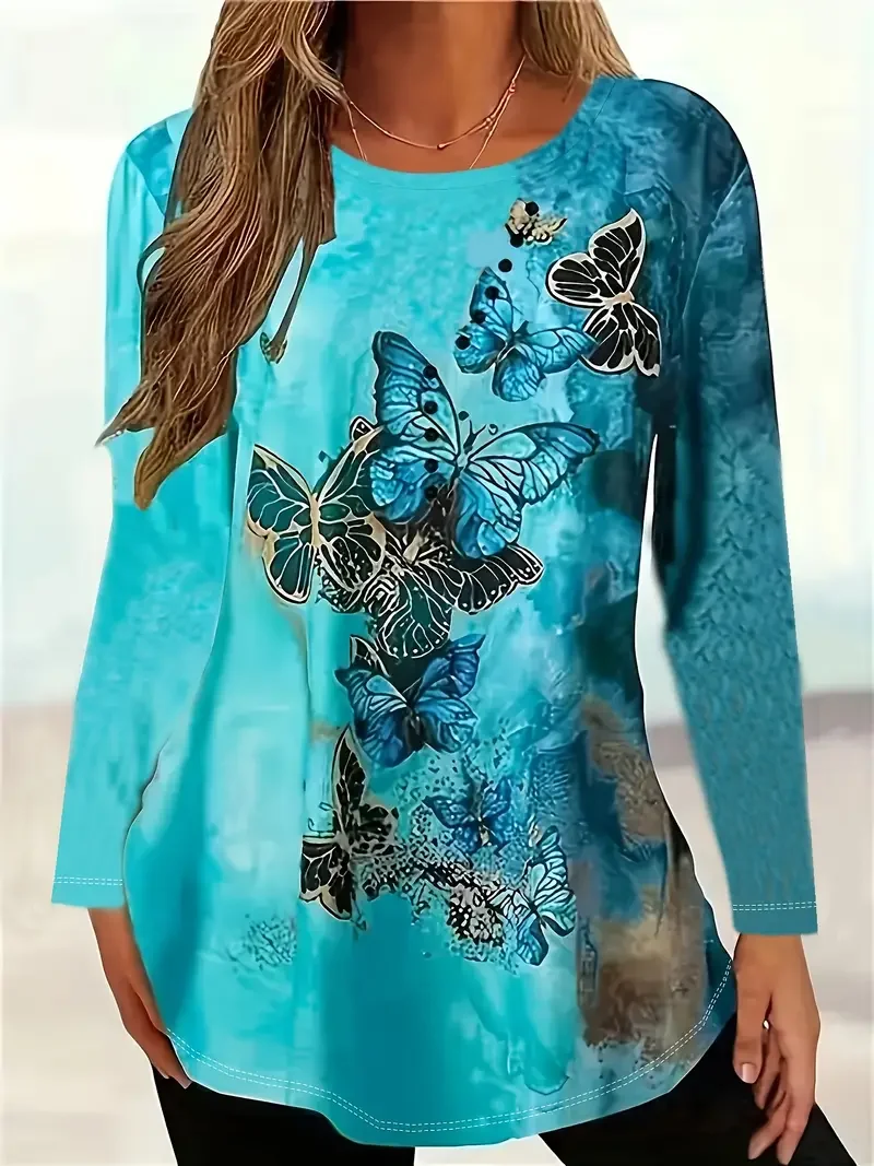 Casual Butterfly Crew Neck Long Sleeve T-shirt