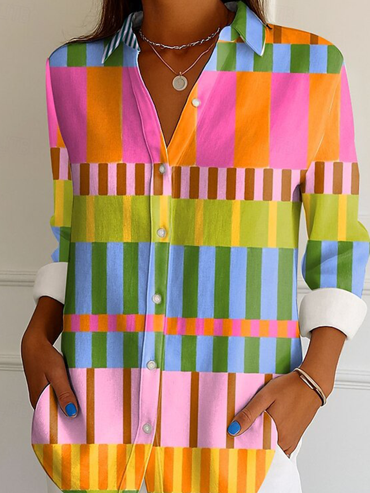 V Neck Long Sleeve Geometric Regular Micro-Elasticity Regular Fit Shirt For Women