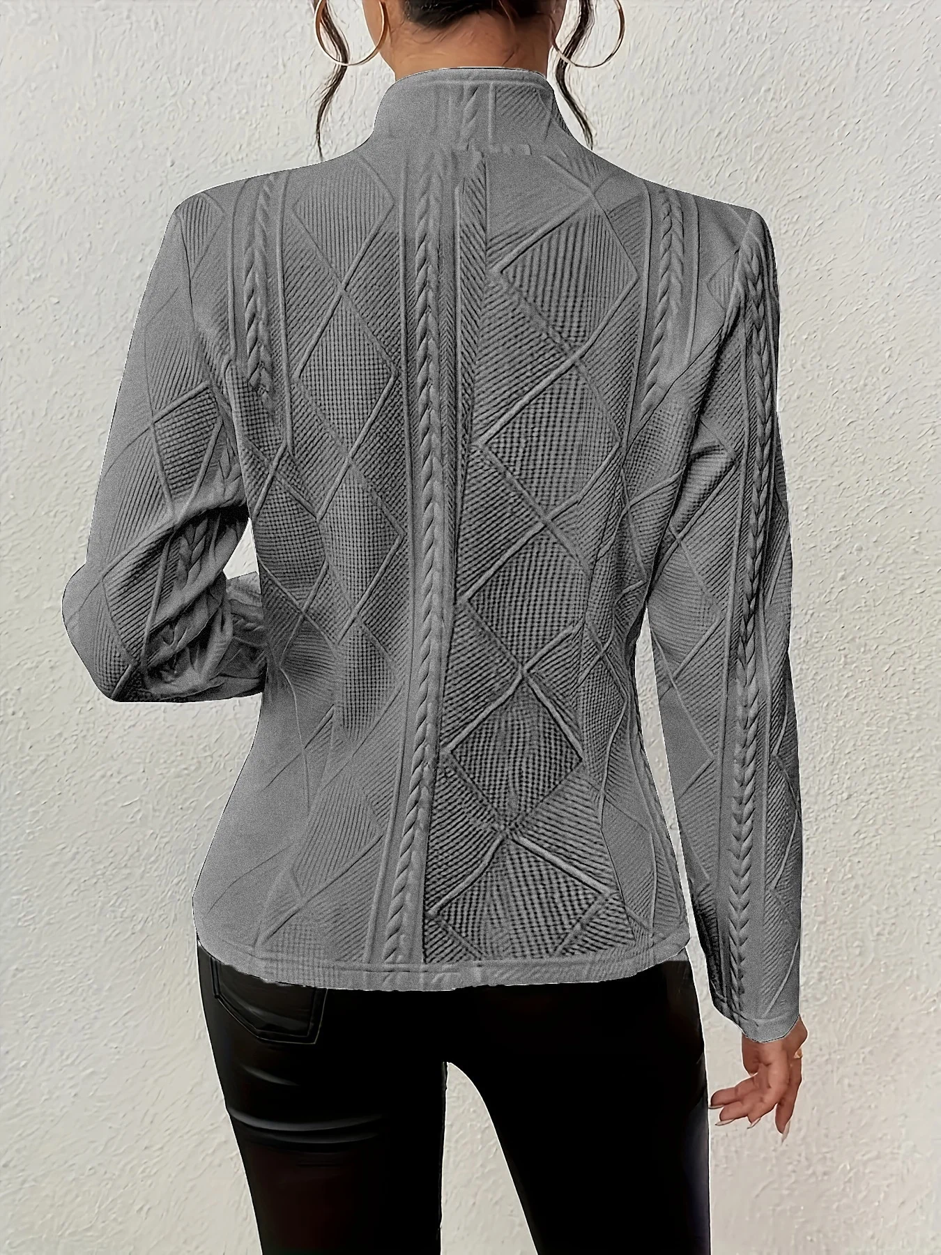 Women Geometric Spring/Fall Outerwear Vintage Embossed Long Sleeve Mock Neck Regular Blazer