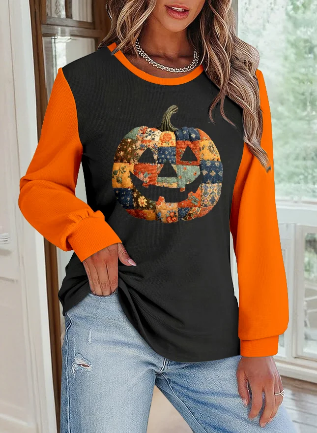 Halloween Jack-O-Lantern Floral Pattern Casual Crew Neck Sweatshirt