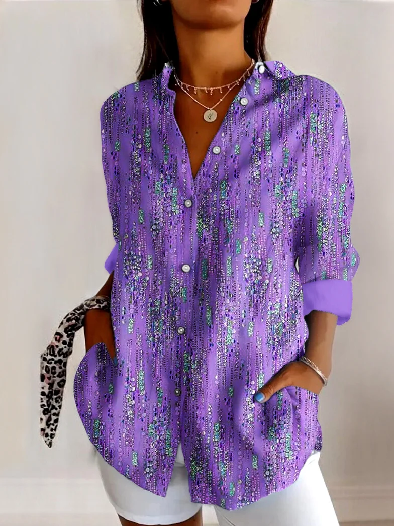 V Neck Long Sleeve Geometric Regular Micro-Elasticity Regular Fit Shirt For Women