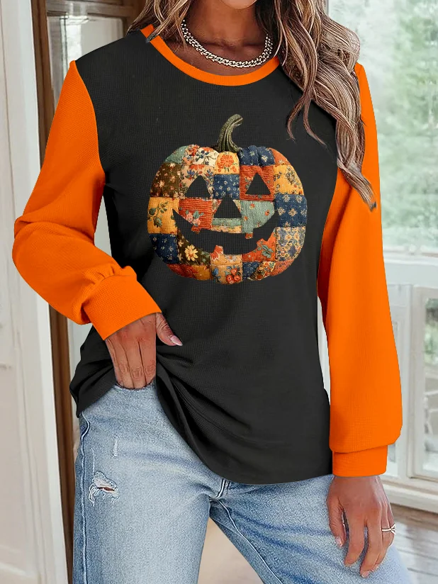 Halloween Jack-O-Lantern Floral Pattern Casual Crew Neck Sweatshirt
