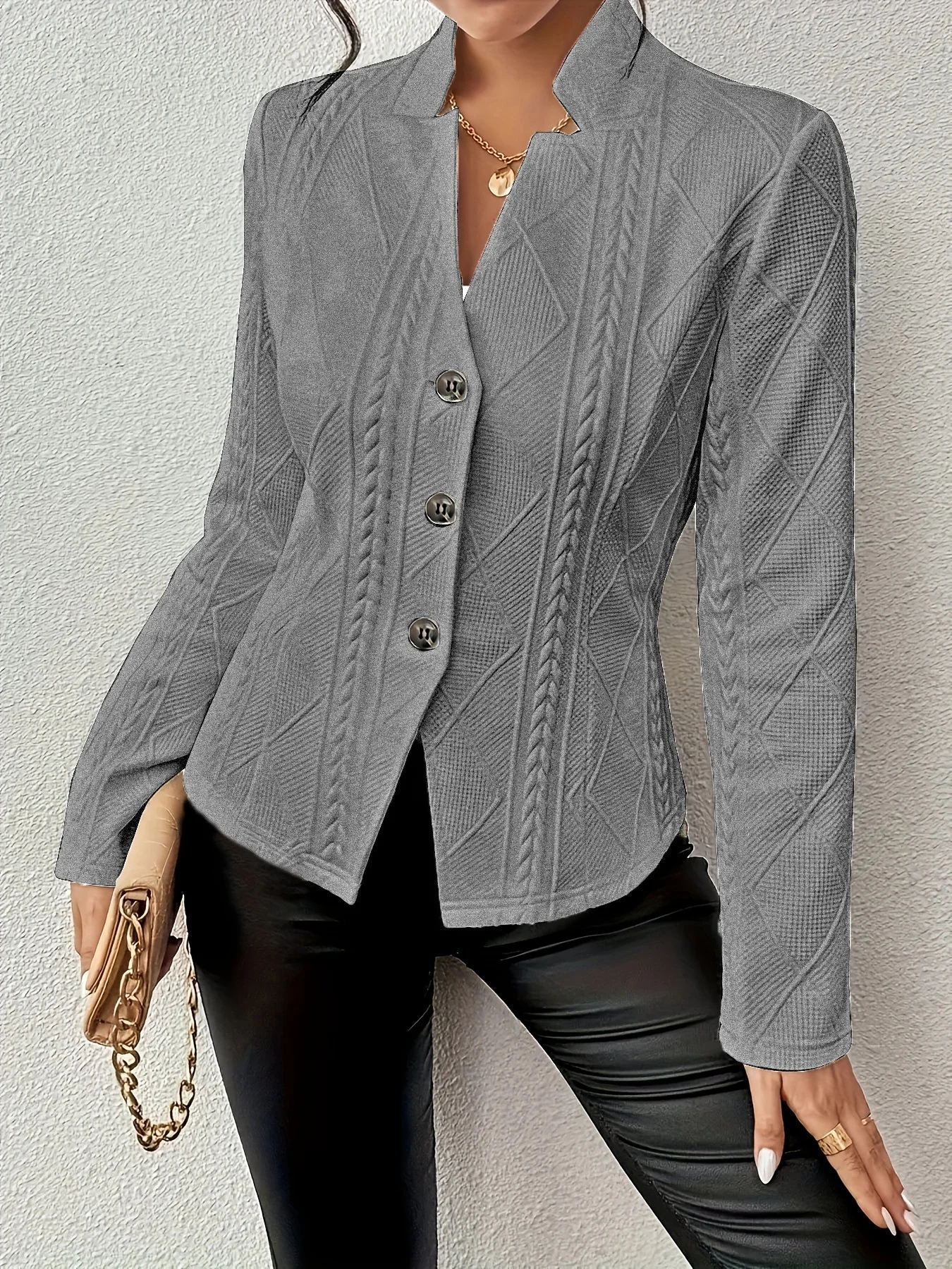 Women Geometric Spring/Fall Outerwear Vintage Embossed Long Sleeve Mock Neck Regular Blazer
