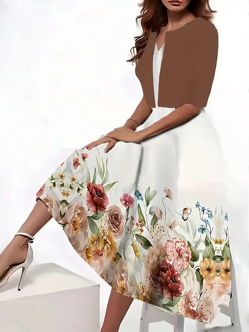 Women Floral Printing Two-Piece Set Daily Short Sleeve Casual Summer Coat With Skirt Matching Set