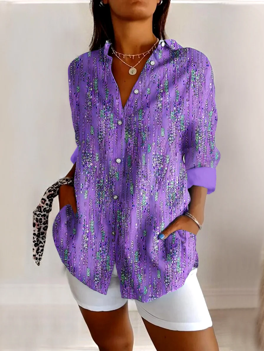 V Neck Long Sleeve Geometric Regular Micro-Elasticity Regular Fit Shirt For Women