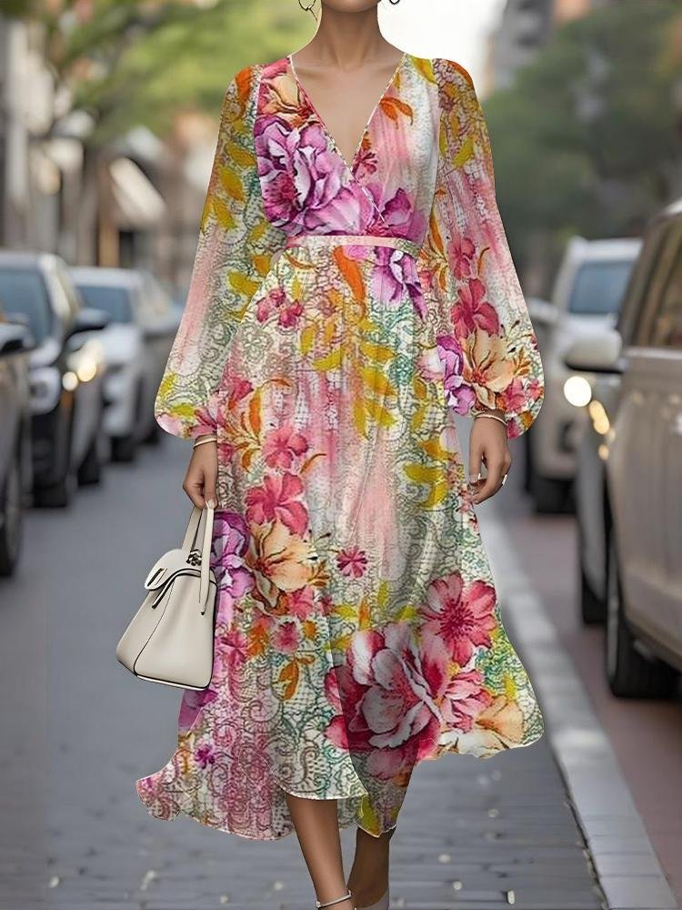 Women Floral Puff Sleeve Spring/Fall Dress V Neck Long Sleeve A-Line Dress