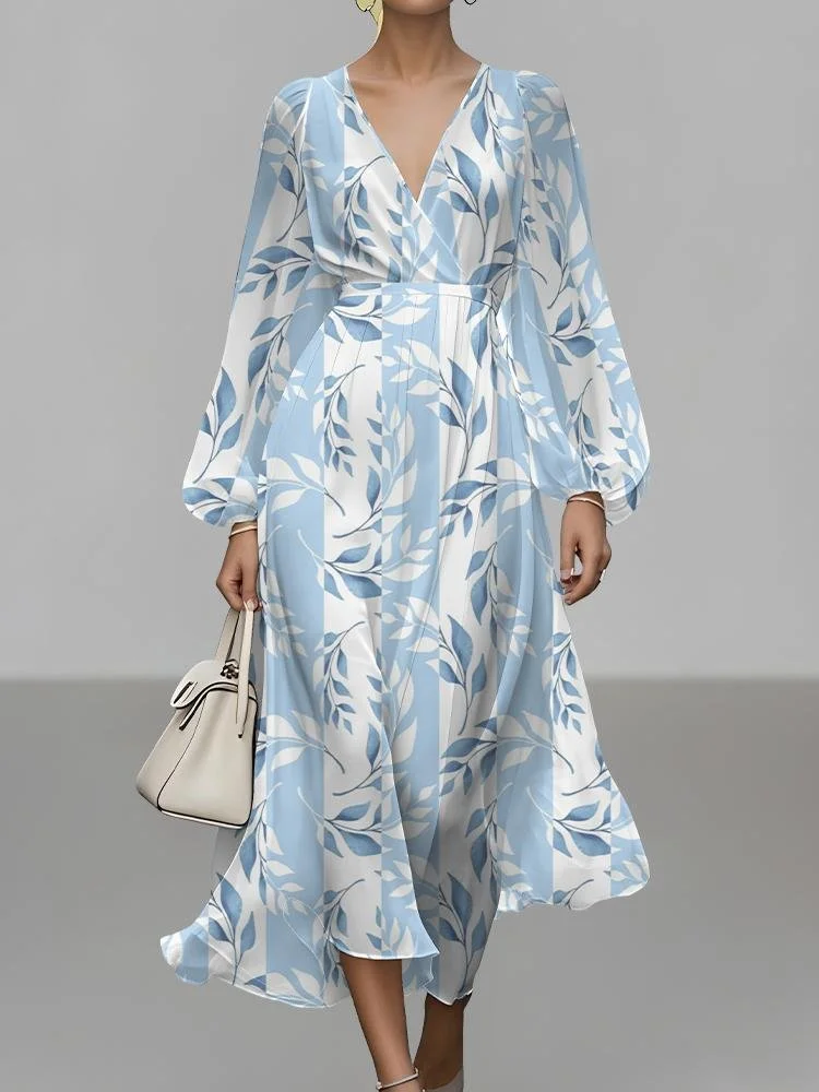 Women Striped Puff Sleeve Spring/Fall Dress V Neck Long Sleeve A-Line Dress