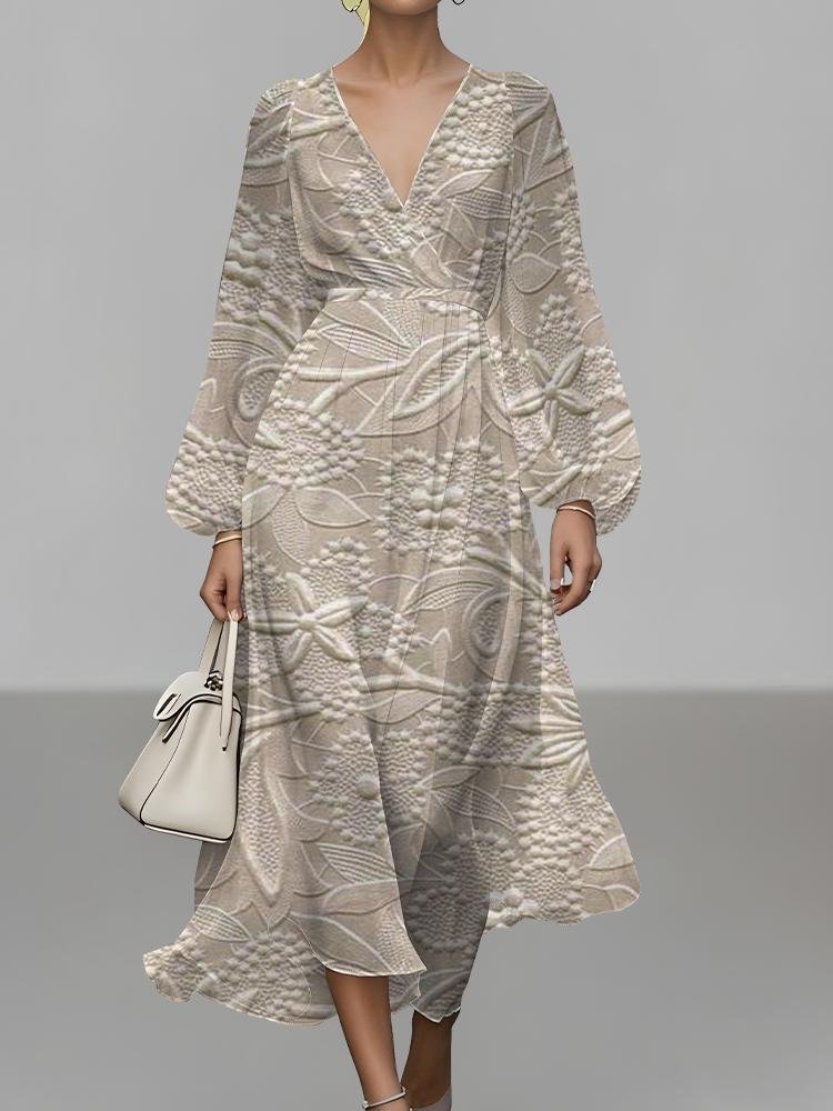 Women Floral Puff Sleeve Spring/Fall Dress V Neck Long Sleeve A-Line Dress