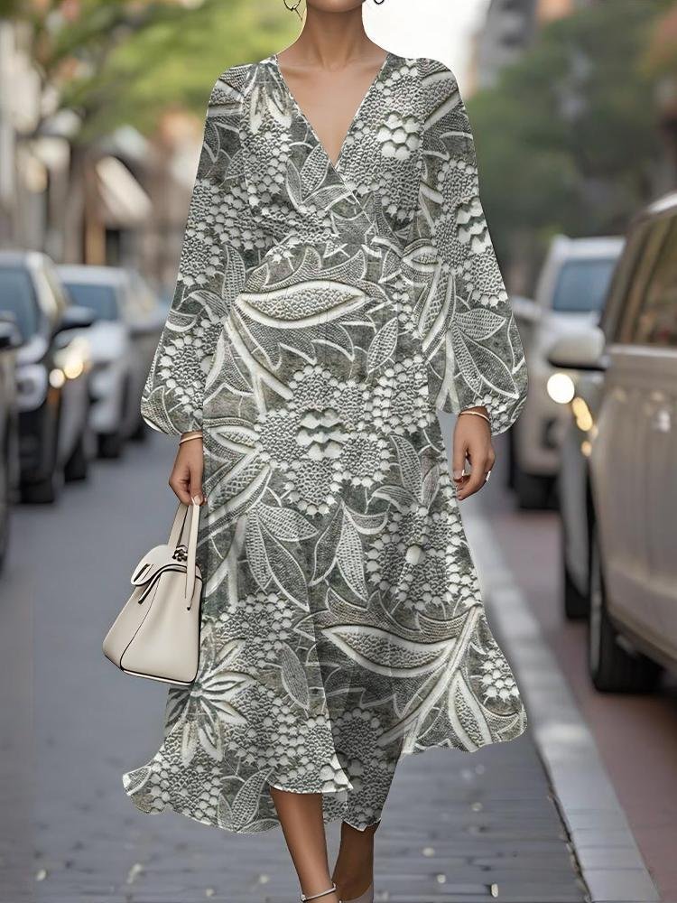 Women Floral Puff Sleeve Spring/Fall Dress V Neck Long Sleeve A-Line Dress