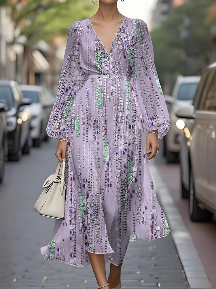 Women Striped Puff Sleeve Spring/Fall Dress V Neck Long Sleeve A-Line Dress