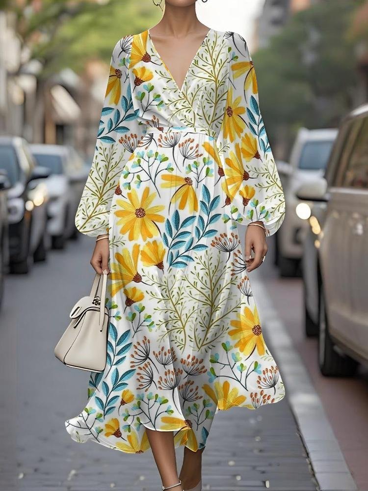 Women Floral Puff Sleeve Spring/Fall Dress V Neck Long Sleeve A-Line Dress