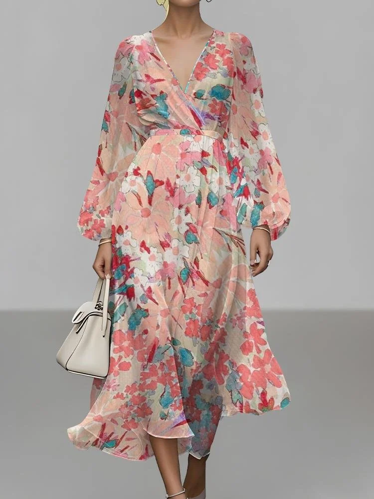 Women Floral Puff Sleeve Spring/Fall Dress V Neck Long Sleeve A-Line Dress
