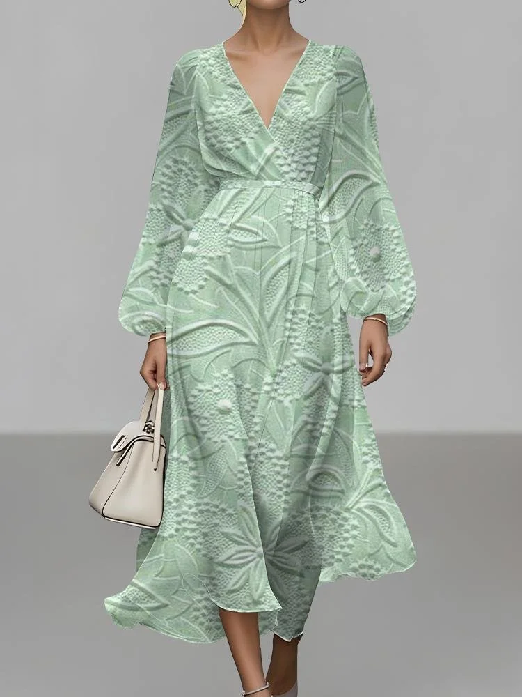 Women Floral Puff Sleeve Spring/Fall Dress V Neck Long Sleeve A-Line Dress