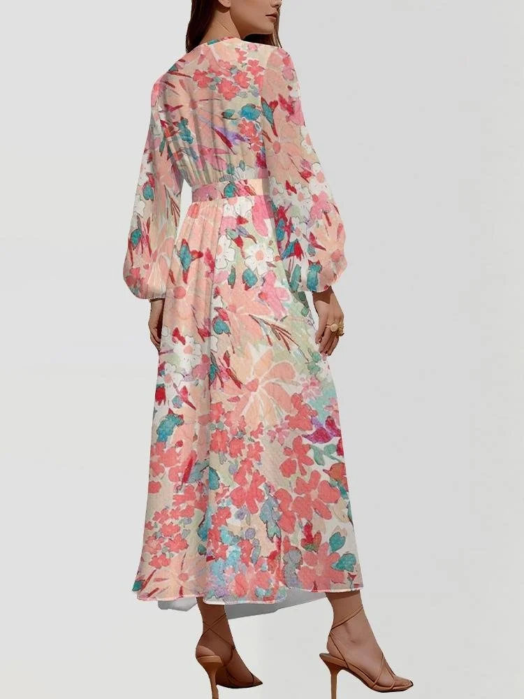 Women Floral Puff Sleeve Spring/Fall Dress V Neck Long Sleeve A-Line Dress