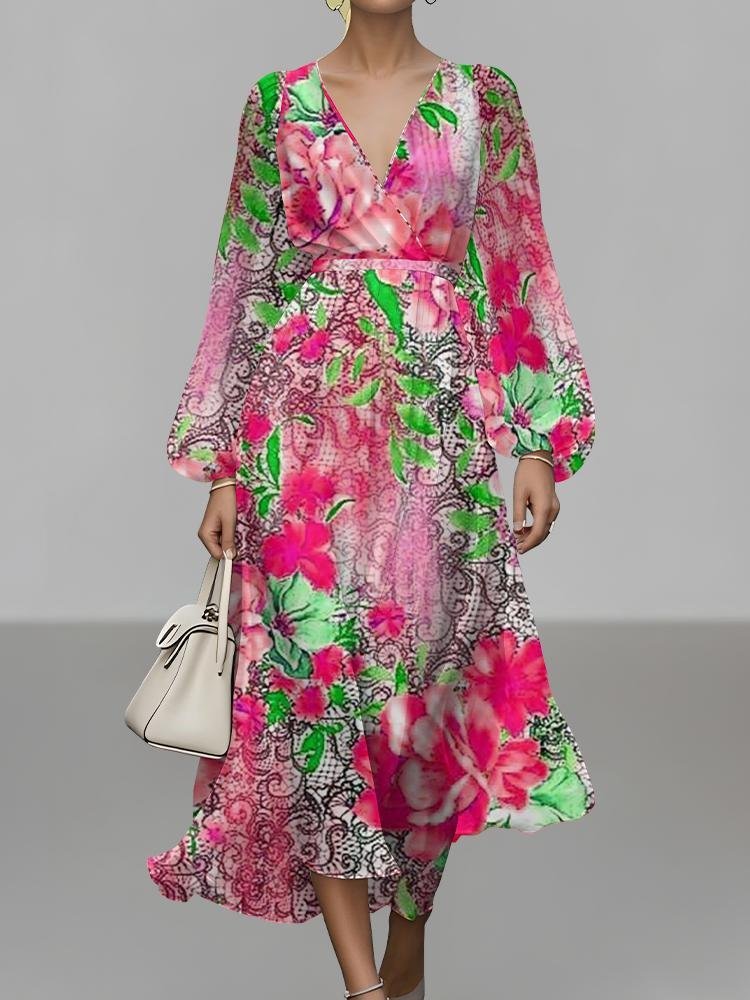 Women Floral Puff Sleeve Spring/Fall Dress V Neck Long Sleeve A-Line Dress