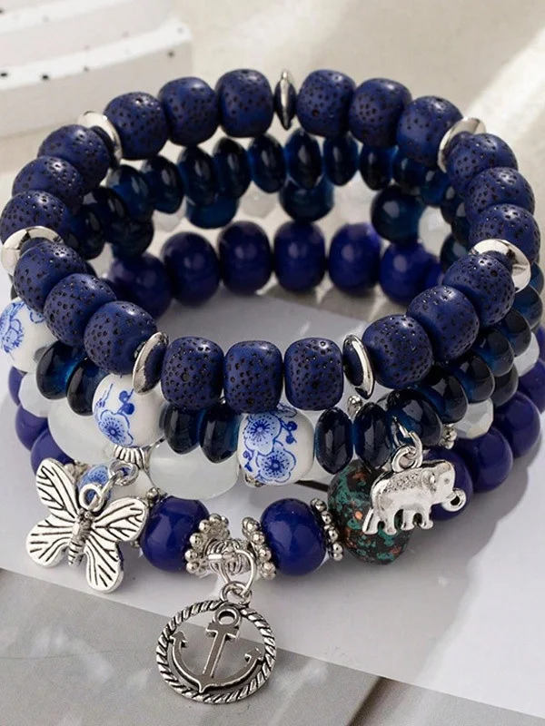 Bohemian Anchor Elephant Butterfly Multi-layer Beaded Elastic Bracelet