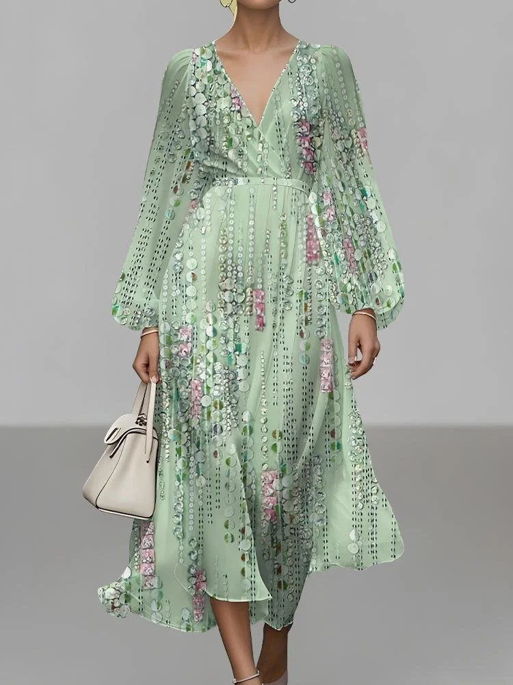 Women Striped Puff Sleeve Spring/Fall Dress V Neck Long Sleeve A-Line Dress