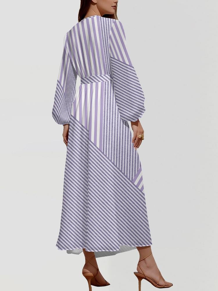 Women Striped Puff Sleeve Spring/Fall Dress V Neck Long Sleeve A-Line Dress