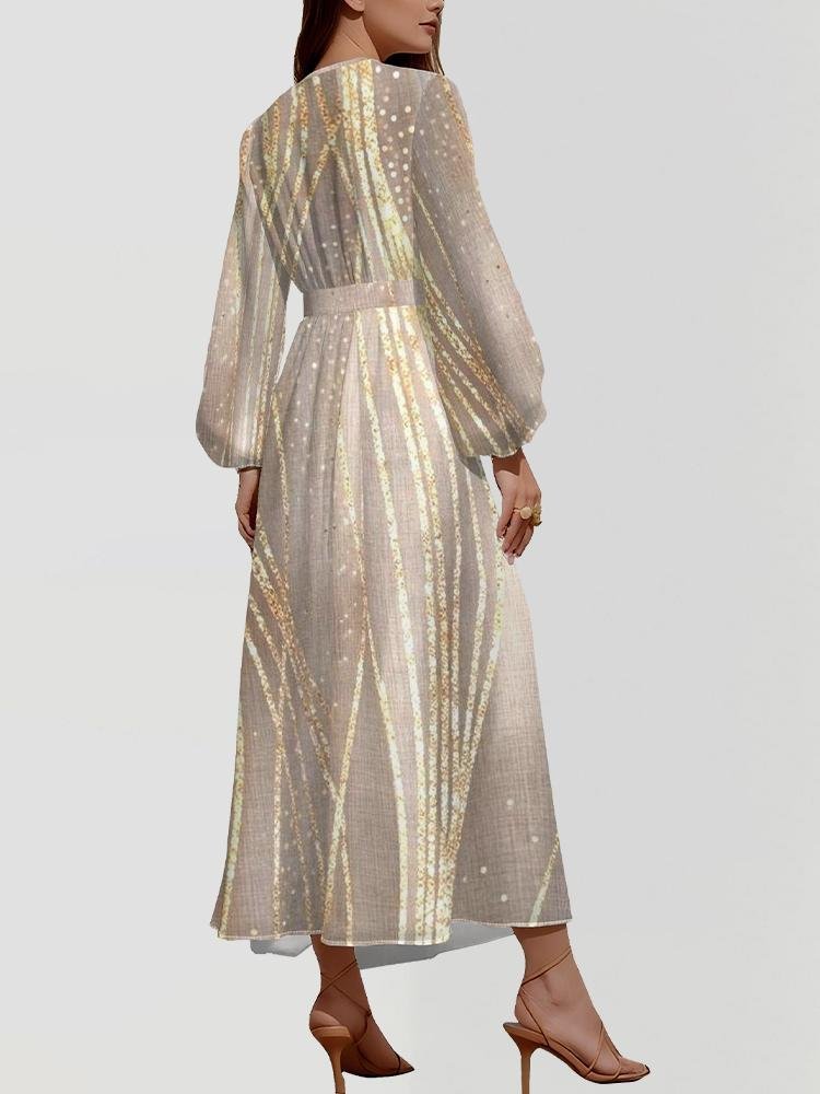 Women Striped Puff Sleeve Spring/Fall Dress V Neck Long Sleeve A-Line Dress