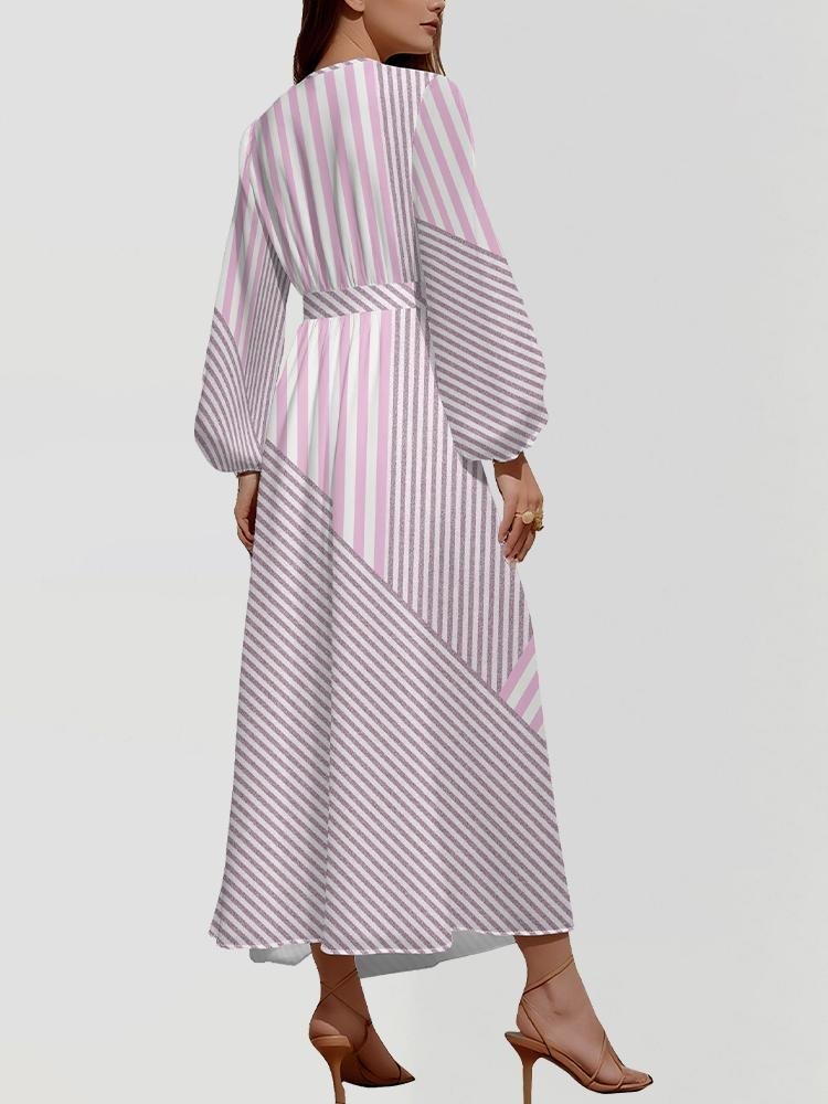 Women Striped Puff Sleeve Spring/Fall Dress V Neck Long Sleeve A-Line Dress