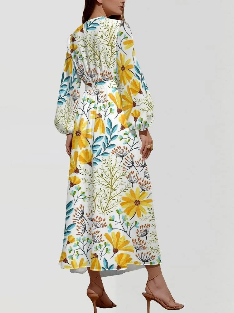 Women Floral Puff Sleeve Spring/Fall Dress V Neck Long Sleeve A-Line Dress