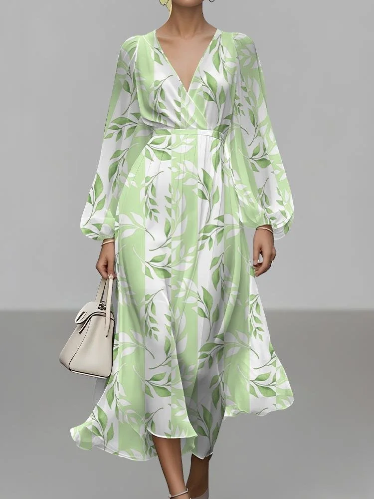 Women Striped Puff Sleeve Spring/Fall Dress V Neck Long Sleeve A-Line Dress