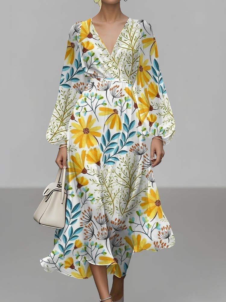 Women Floral Puff Sleeve Spring/Fall Dress V Neck Long Sleeve A-Line Dress