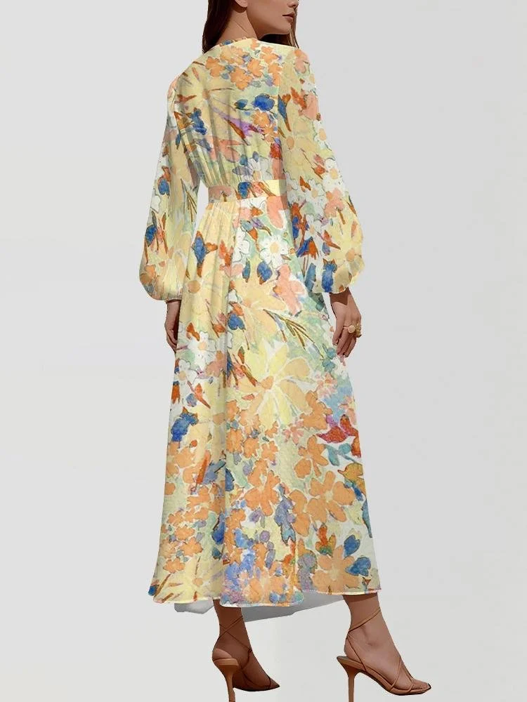 Women Floral Puff Sleeve Spring/Fall Dress V Neck Long Sleeve A-Line Dress